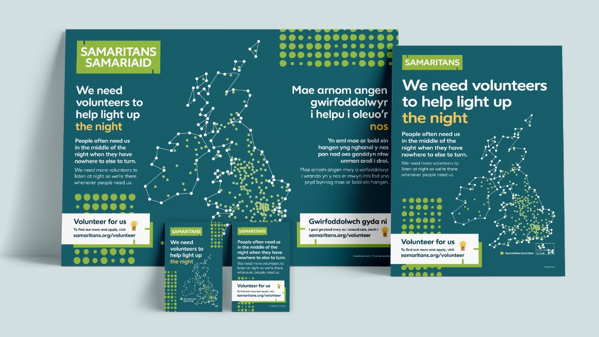 Samaritans Night Volunteer campaign materials. Posters and cards in both English and Welsh. Used to promote the need for night voluteers.