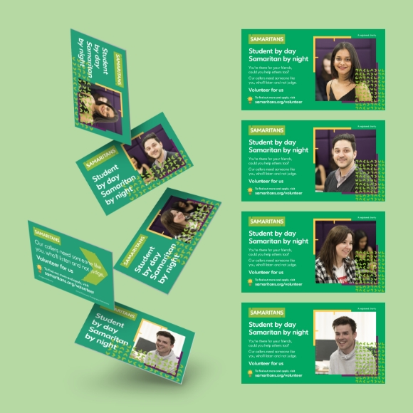 Four Samaritans Student Volunteer cards and social media posts.