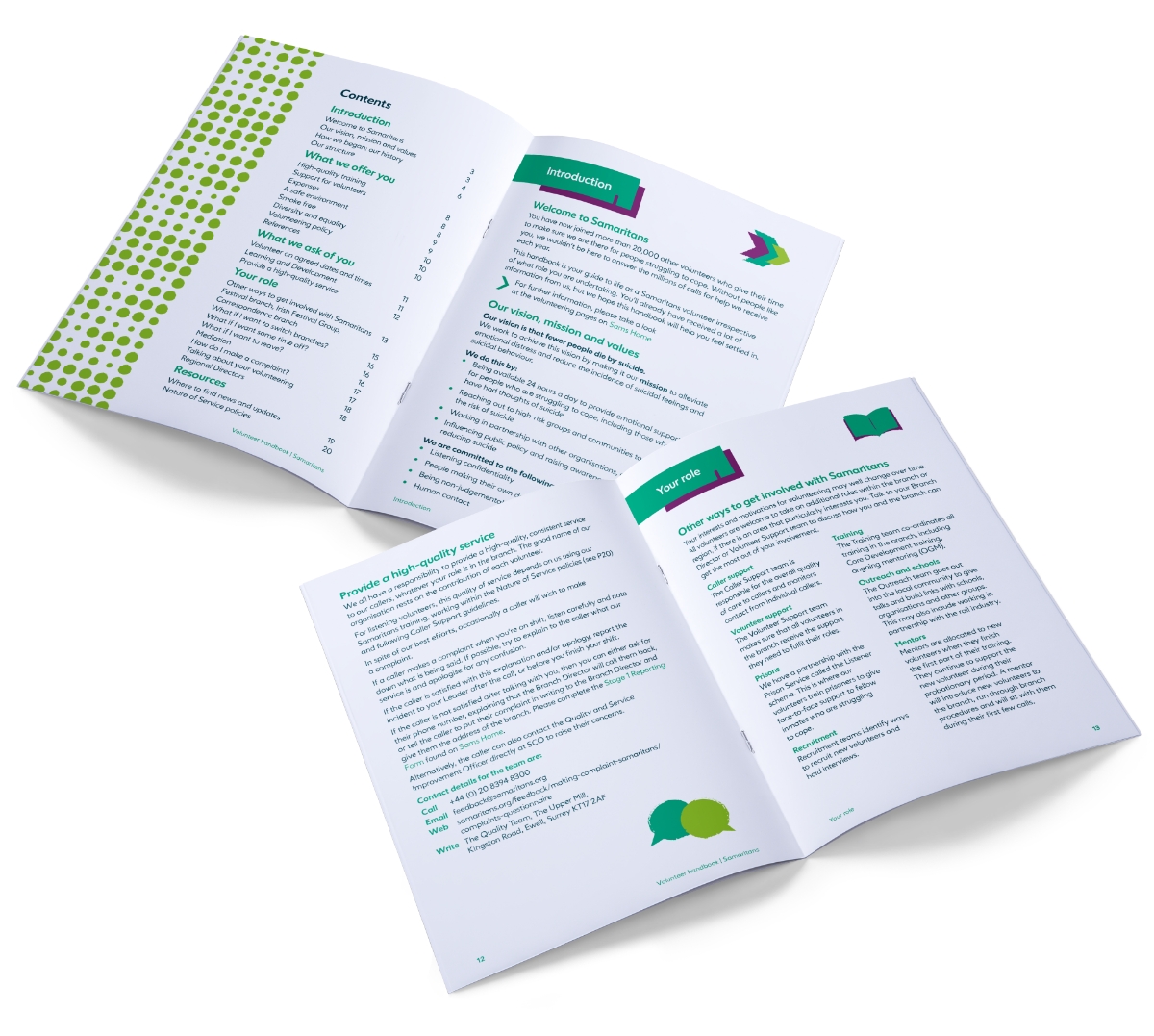 Mock-up of Samaritans Volunteer Handbook inside spreads.