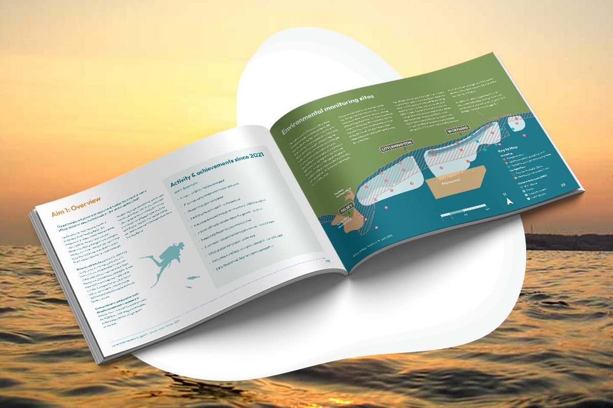 SKRP05.jpg Mock up of report spread showing map of the trawling byelaw area and monitoring sites
