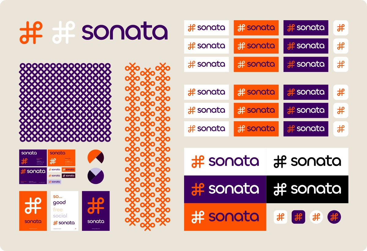 Sonata09.jpg Example showing the different elements of the visual identity, logo mark, word mark, pattern, and colour ways.